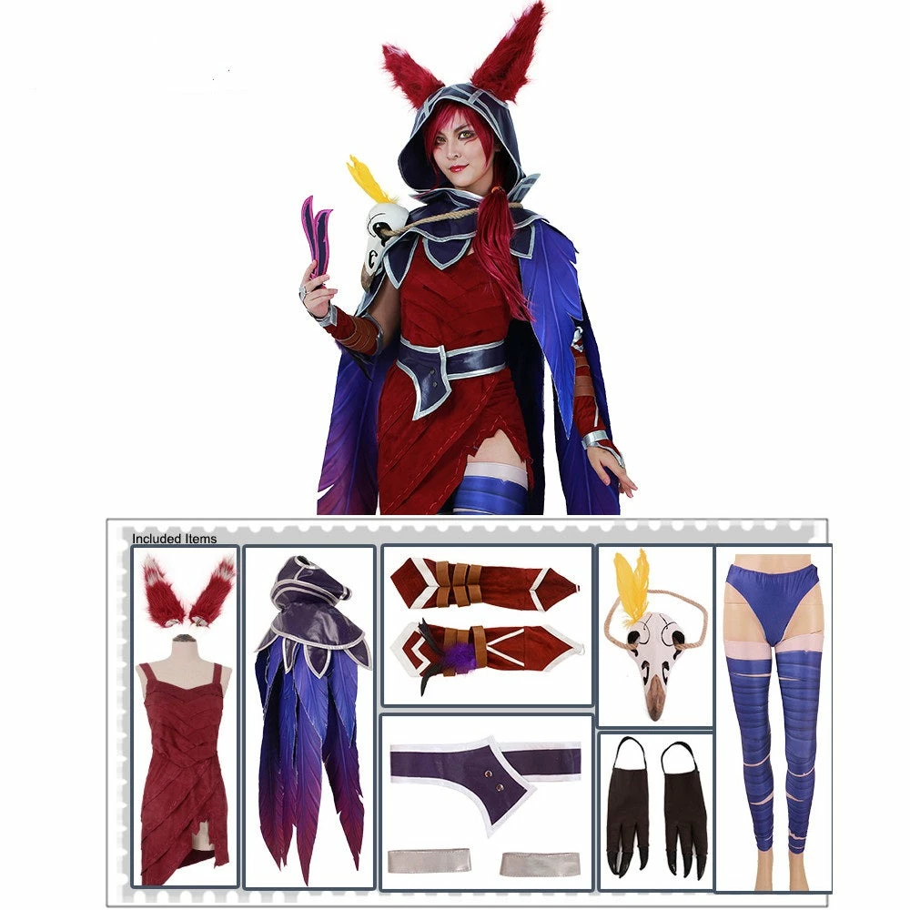 Xayah Costume Woman The Rebel Cosplay Halloween Costume Outfit With Ears, Bird Feet Covers And Skull